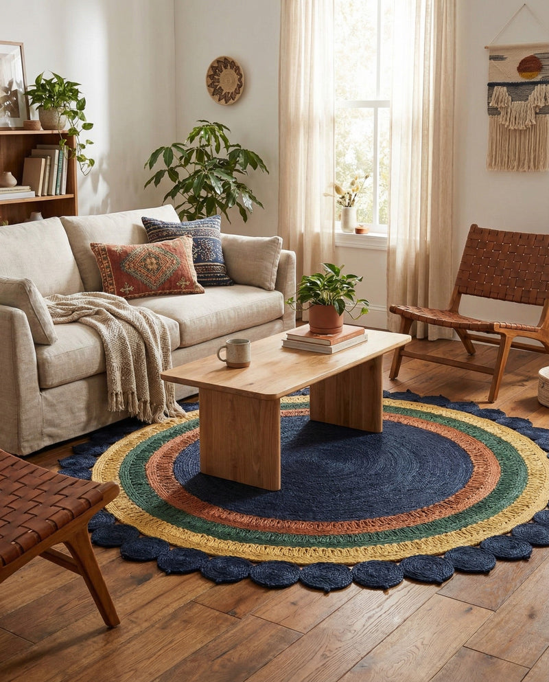 Woven Seaside Jute Collection Area Rug - Coastalhaven (Navy Blue Yellow Green) Round Navy Blue Yellow Green  lifestyle 20