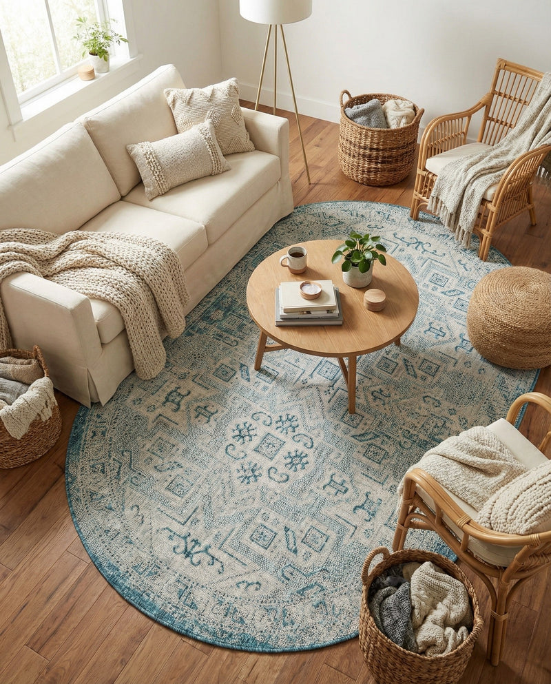 Tribal Terrace Treasures Collection Area Rug - Mayan Marina (Teal) Oval Teal  lifestyle 75