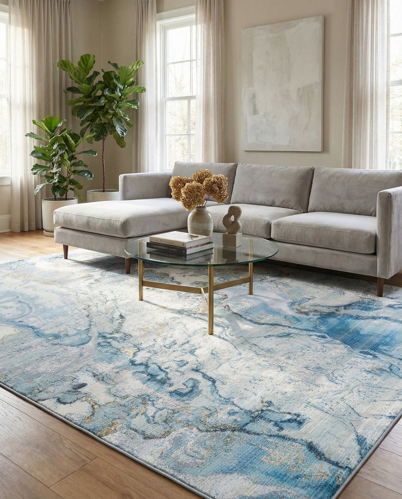 Urban Terrace Collection Area Rug -  Vertex Rectangle Blue and Ivory  lifestyle 5