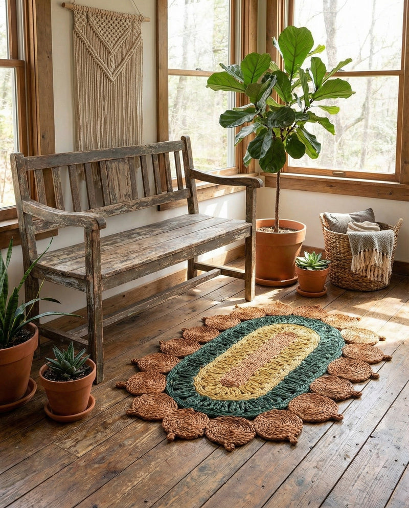 Woven Seaside Jute Collection Area Rug - Coastalhaven (Orange Green Yellow) Oval Orange Green Yellow  lifestyle 13