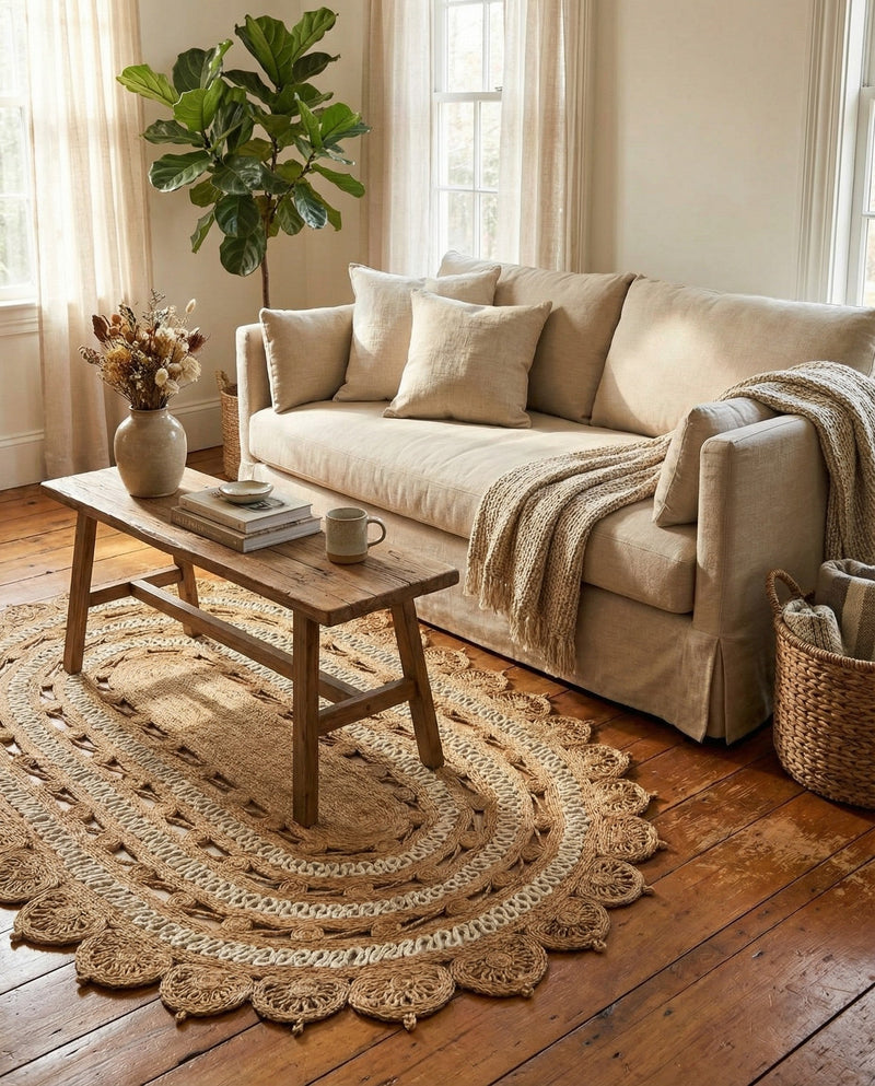 Woven Seaside Jute Collection Area Rug - Coastalhaven (Natural and White) Oval Natural and White  lifestyle 13