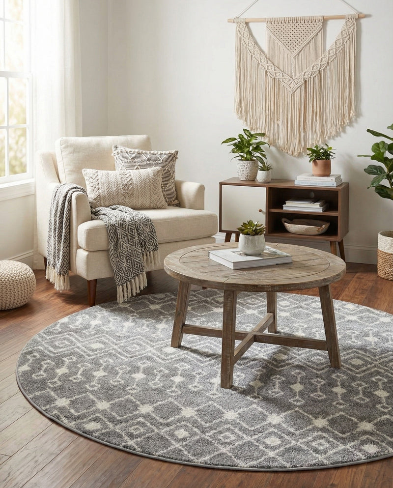 Mediterranean Lattice Collection Area Rug - Santorini (Gray) Round Gray  lifestyle 41