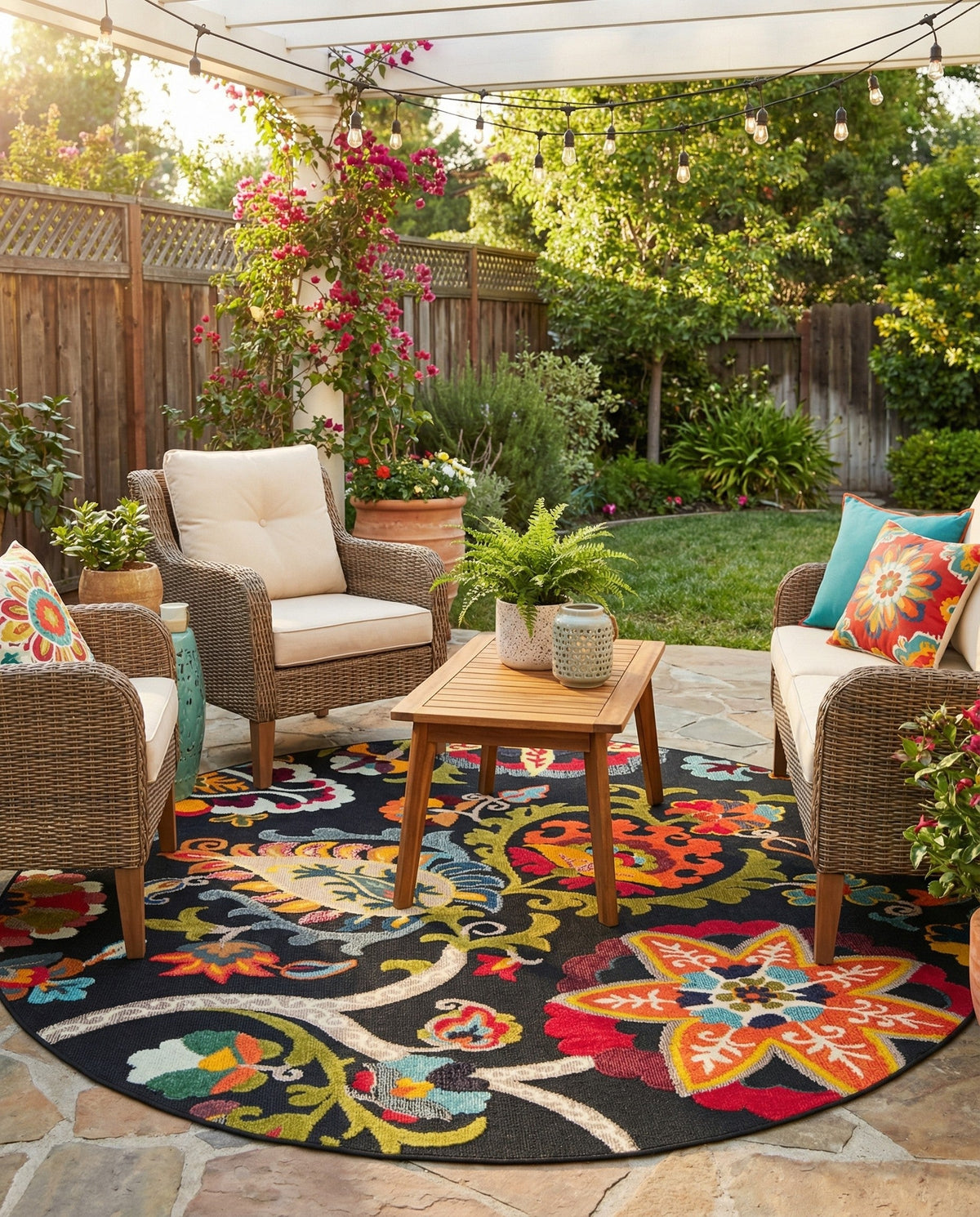 Outdoor Marrakesh Collection Area Rug - Fes Round Multi Black  lifestyle 159