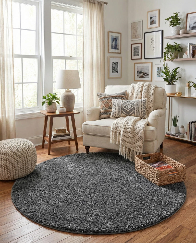 Cozy Comfort Shag Collection Area Rug - Haven (Pebble Gray) Round Pebble Gray  lifestyle 30