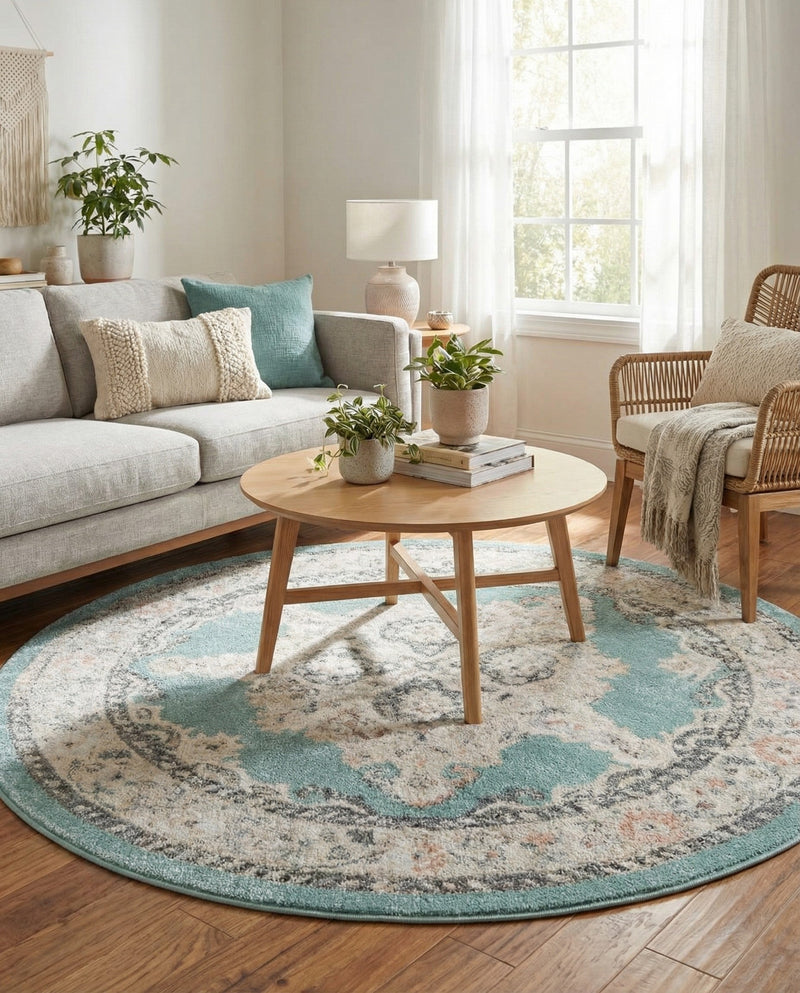 Beverly Grove Collection Area Rug -  Fairfax (Aqua) Round Aqua  lifestyle 65