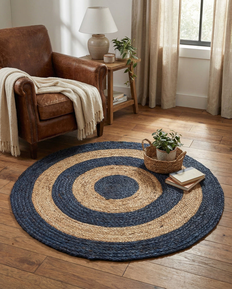 Woven Seaside Jute Collection Area Rug - Nautilus Round Navy Blue Natural  lifestyle 25
