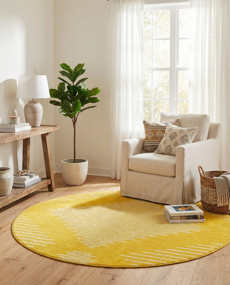 Seychelles Stripes Collection Area Rug - Mahe (Yellow) Round Yellow  lifestyle 20