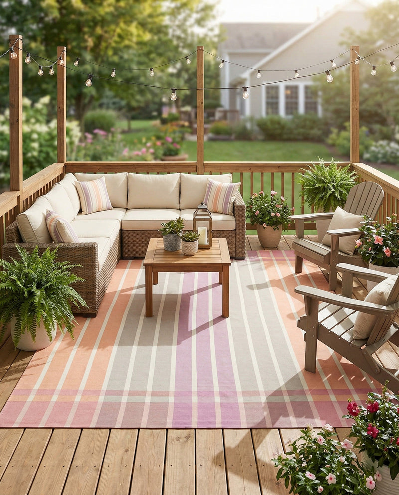 Seaside Stripes Collection Area Rug -  Coral Rectangle Pink and Lavender  lifestyle 45