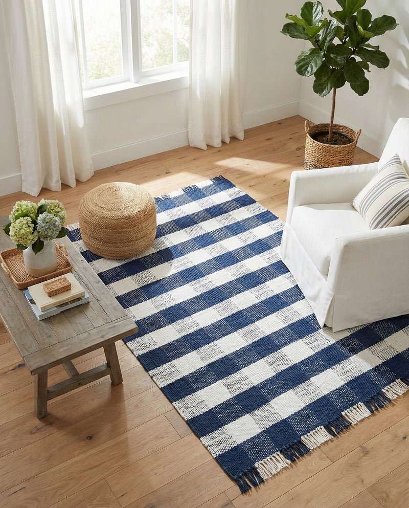 Sustainable Grid Indoor-Outdoor Oasis Collection Area Rug - Savannah Rectangle Navy Blue  lifestyle 14