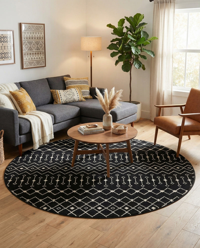 Mediterranean Lattice Collection Area Rug - Santorini (Black and White) Round Black and White  lifestyle 61