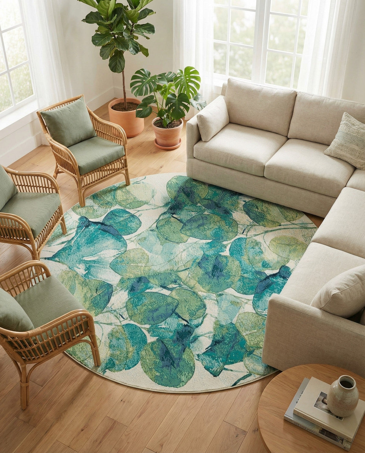 Seaside Blooms Collection Area Rug -  Flora Round Blue Green  lifestyle 107