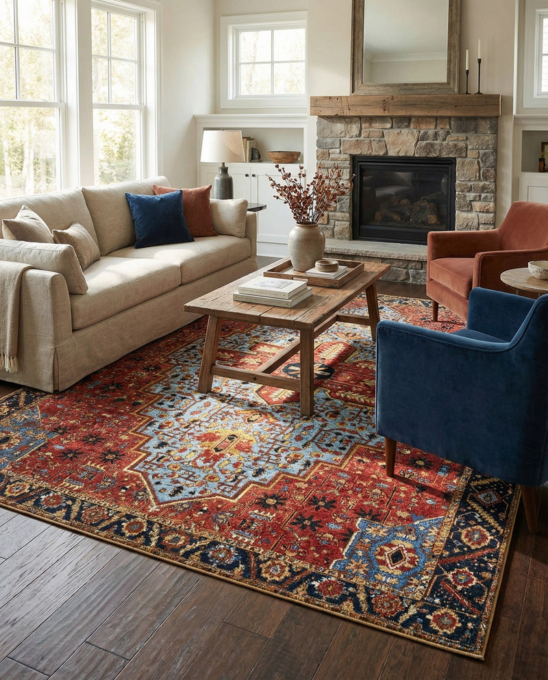 Patio Heritage Collection Area Rug -  Garden Rectangle Rust Red and Blue  lifestyle 40
