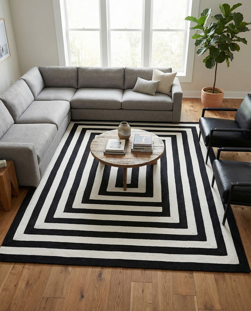 Sustainable Strands Indoor-Outdoor Oasis Collection Area Rug - Harborview Rectangle Black and White  lifestyle 15