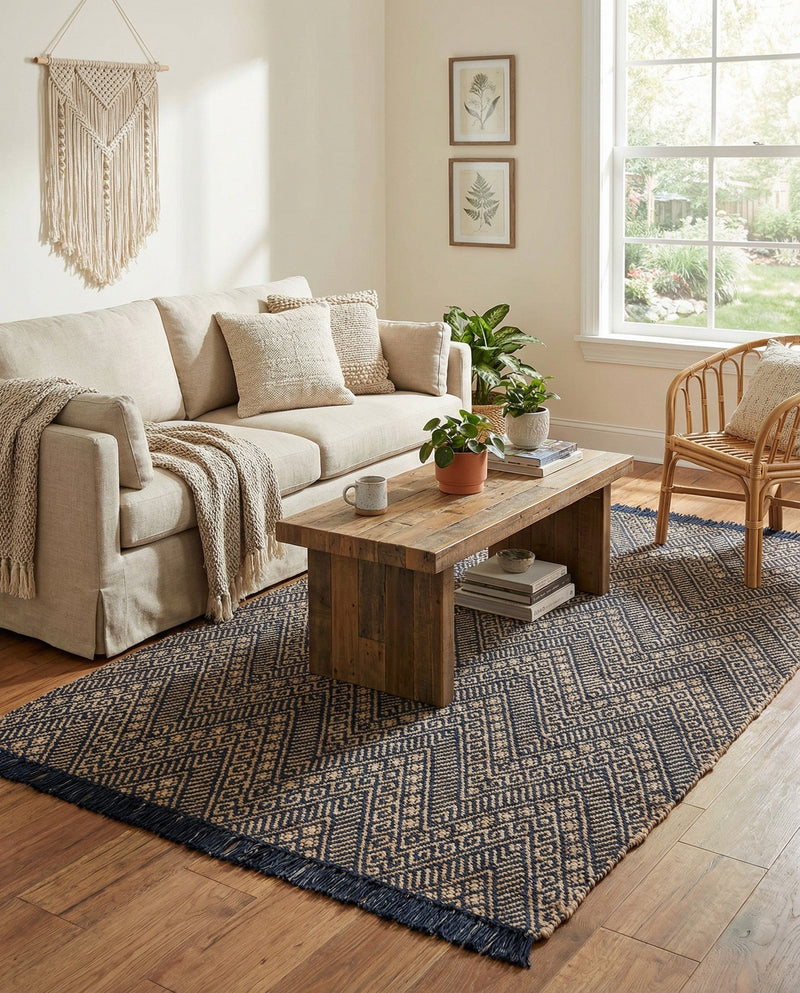 Woven Seaside Jute Collection Area Rug - Oia Rectangle Navy Blue and White  lifestyle 57