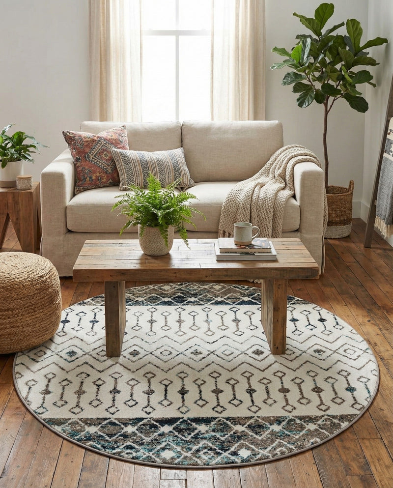 Mediterranean Lattice Collection Area Rug -  Casablanca (Ivory Gray Blue) Round Ivory Gray Blue  lifestyle 73