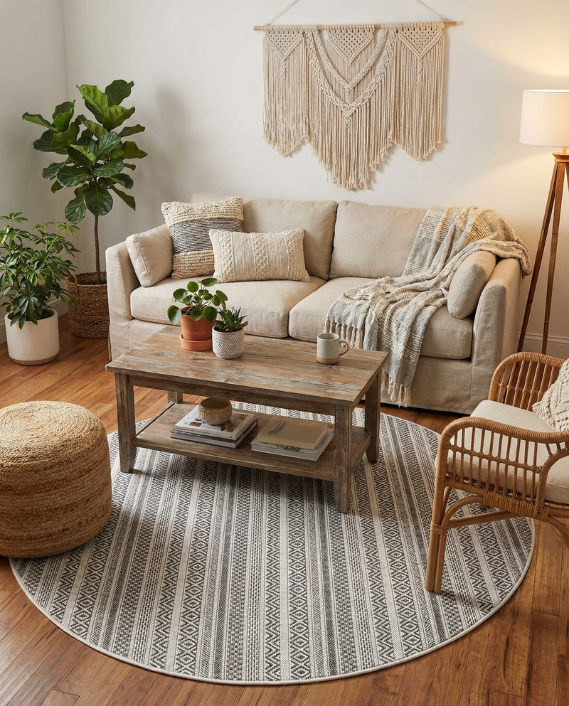 Seaside Stripes Collection Area Rug -  Boardwalk (Beige) Round Beige  lifestyle 67