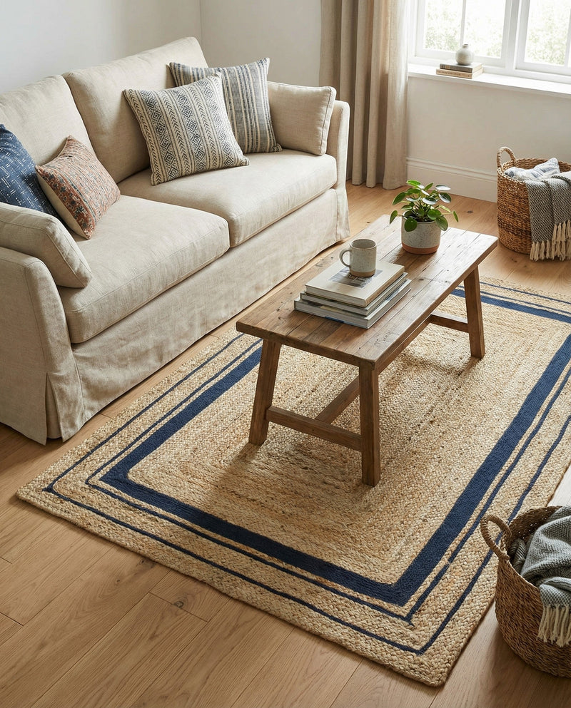 Woven Seaside Jute Collection Area Rug - Nantucket Rectangle Natural and Navy Blue  lifestyle 33