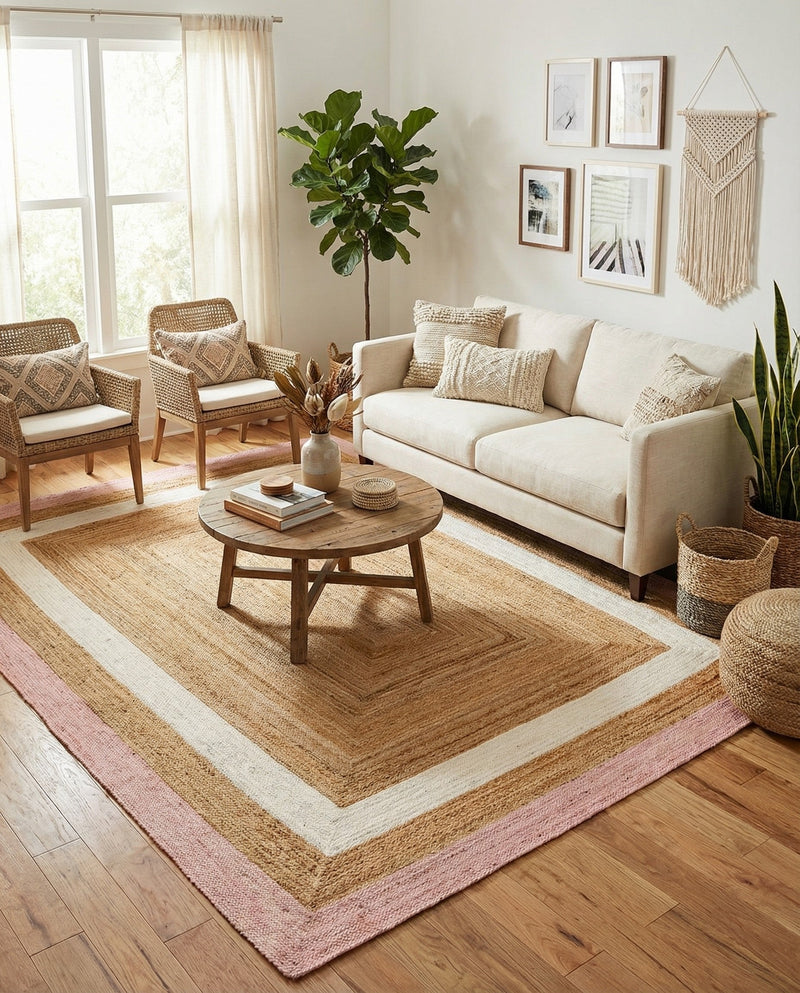 Woven Seaside Jute Collection Area Rug - Nantucket Rectangle Pink White Natural  lifestyle 28