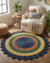 Woven Seaside Jute Collection Area Rug - Coastalhaven (Navy Blue Yellow Green) Round Navy Blue Yellow Green  lifestyle 25