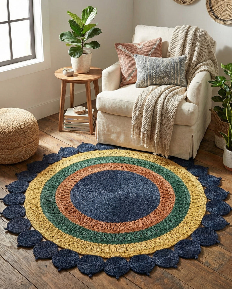 Woven Seaside Jute Collection Area Rug - Coastalhaven (Navy Blue Yellow Green) Round Navy Blue Yellow Green  lifestyle 25