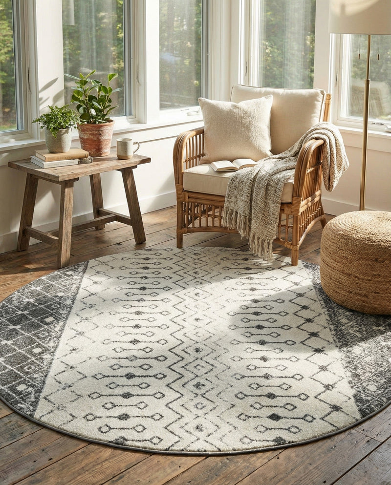 Mediterranean Lattice Collection Area Rug -  Casablanca (Ivory and Gray) Round Ivory and Gray  lifestyle 66