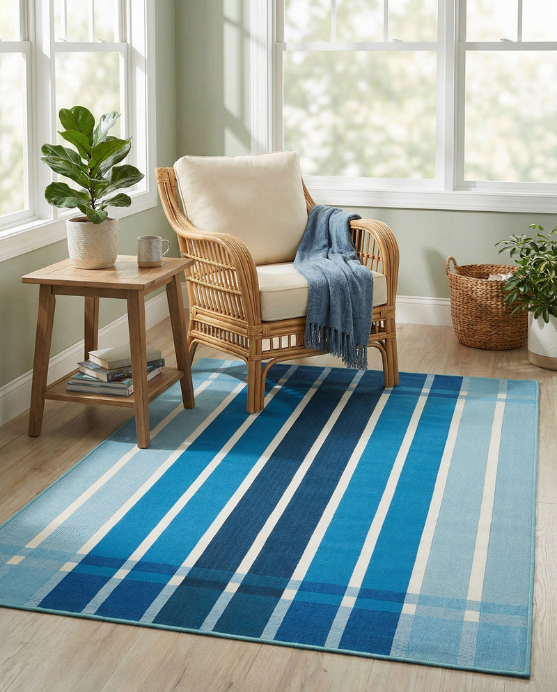 Seaside Stripes Collection Area Rug -  Coral Rectangle Blue  lifestyle 12