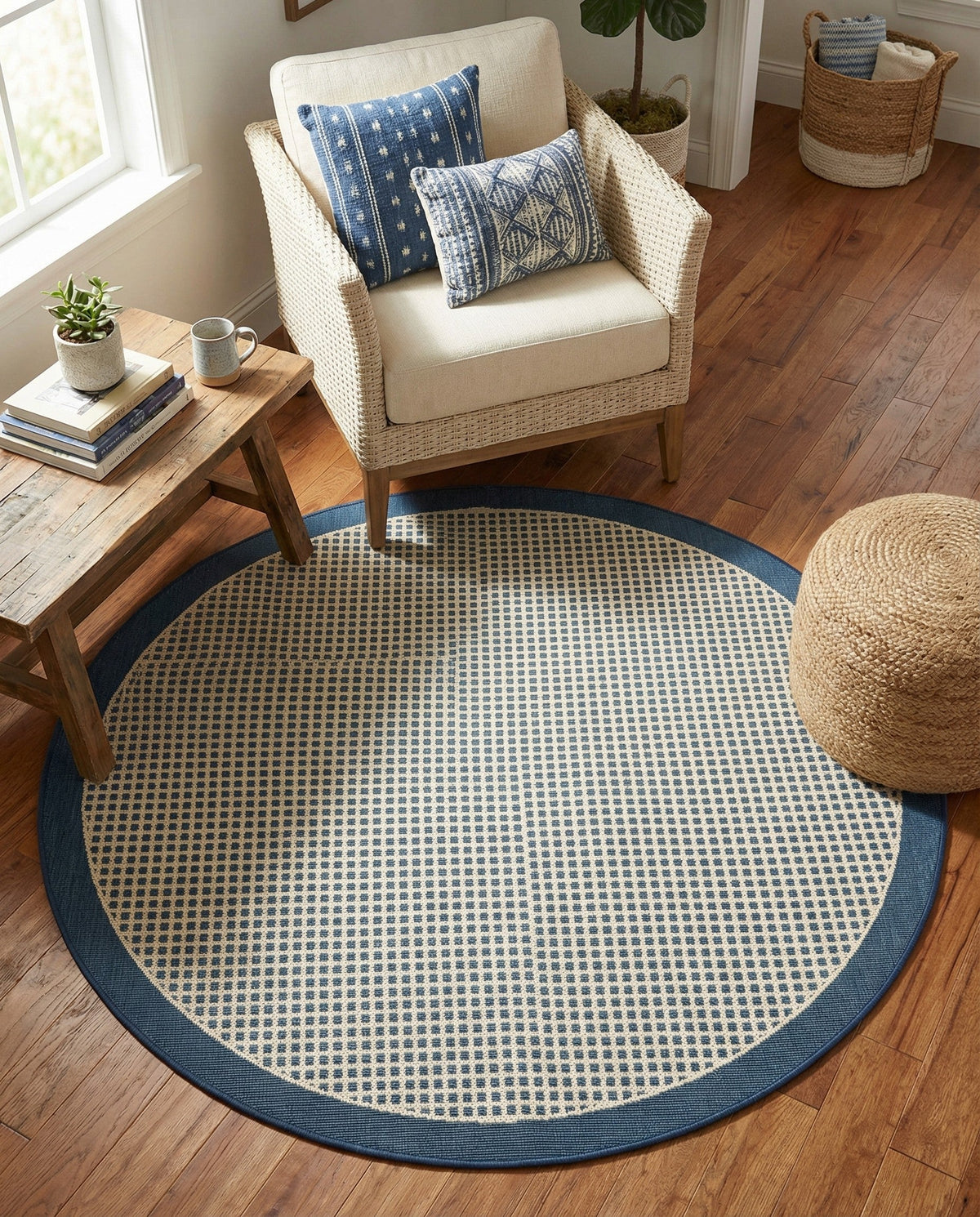 Terrace Fringe Collection Area Rug - Oceanside Round Navy Blue  lifestyle 57