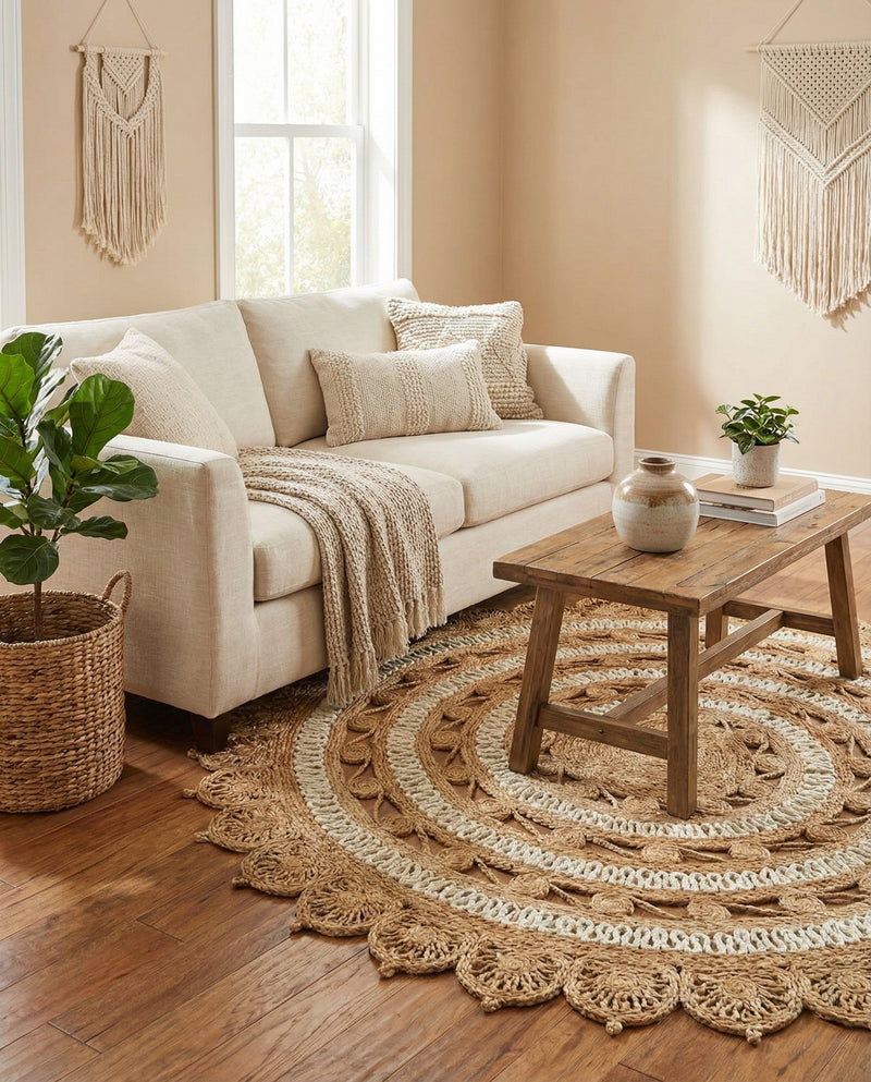Woven Seaside Jute Collection Area Rug - Coastalhaven (Natural and White) Round Natural and White  lifestyle 29