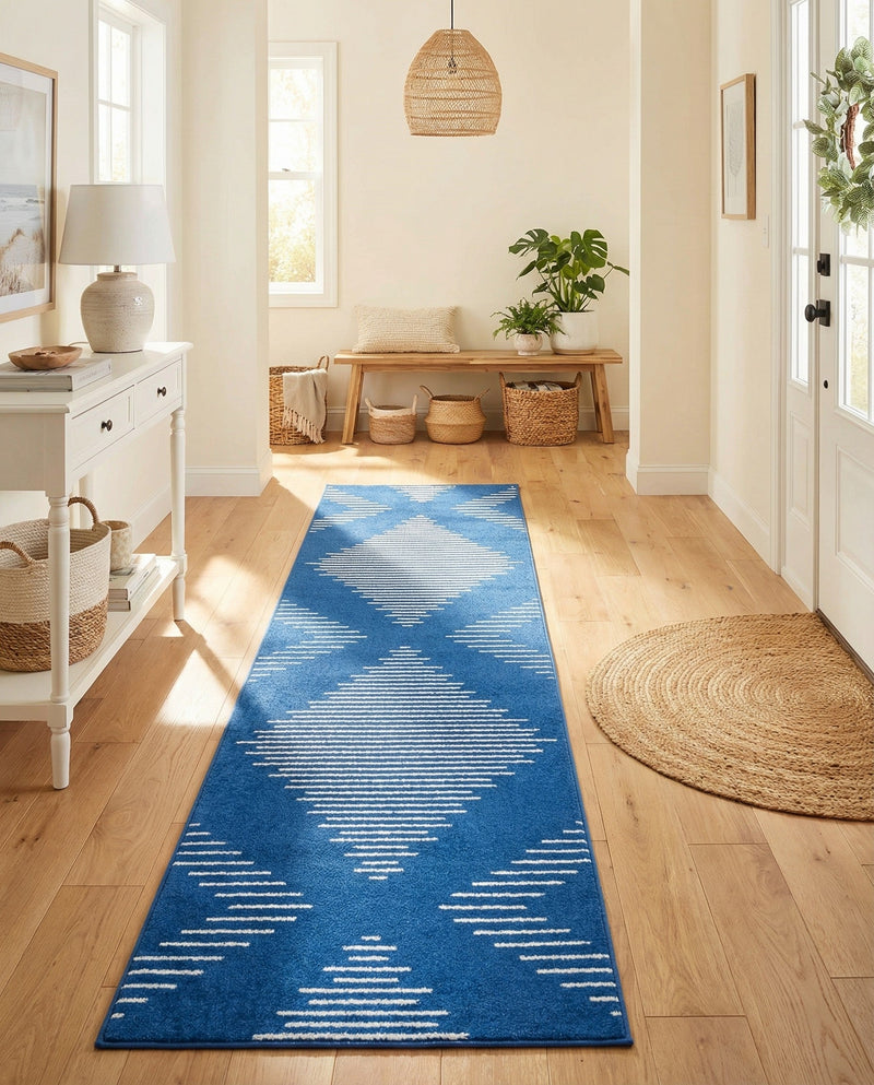 Seychelles Stripes Collection Area Rug - Mahe (Navy Blue) Runner Navy Blue  lifestyle 44