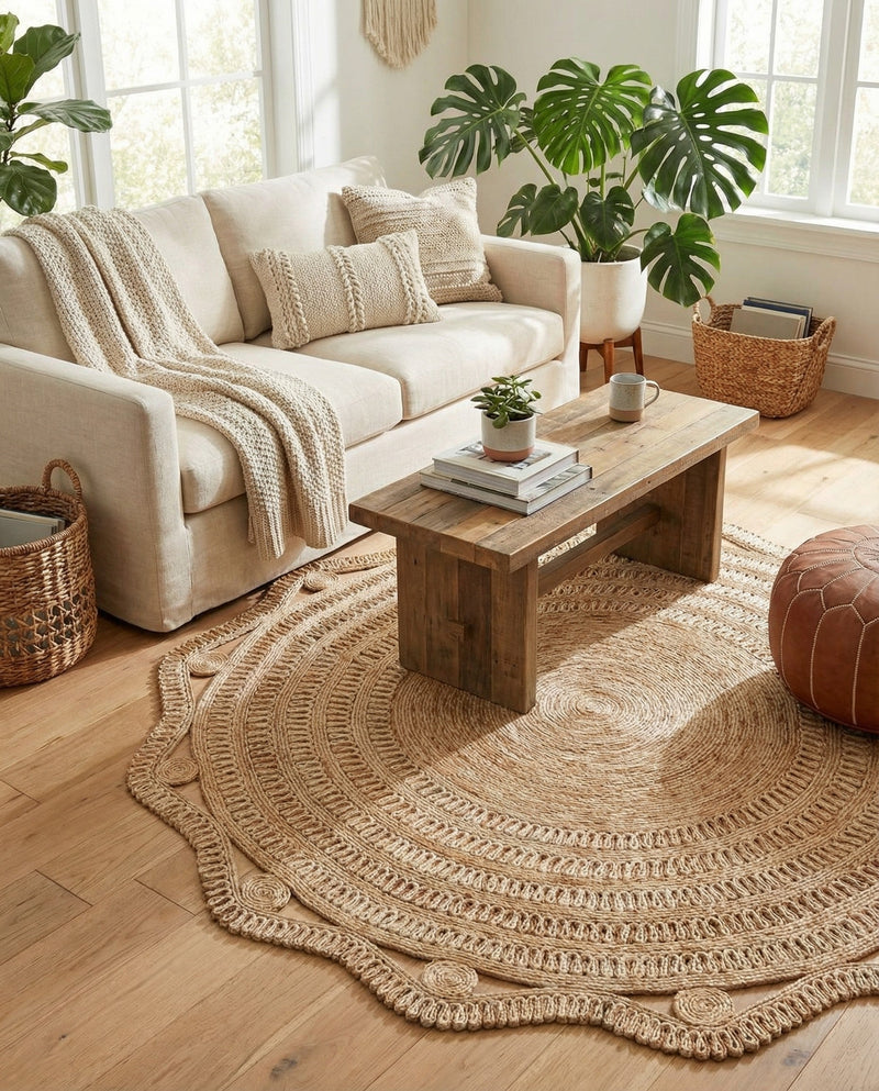 Woven Seaside Jute Collection Area Rug - Nantucket Round Natural and White  lifestyle 28