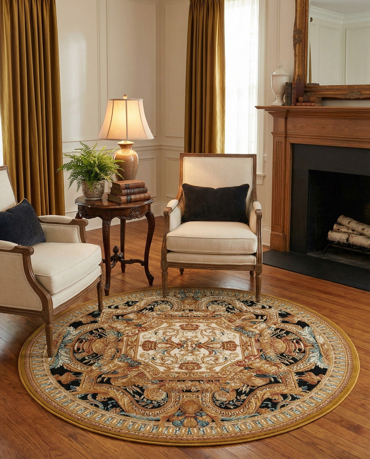 Patio Heritage Collection Area Rug - Veranda Round Black Gold Brown  lifestyle 84