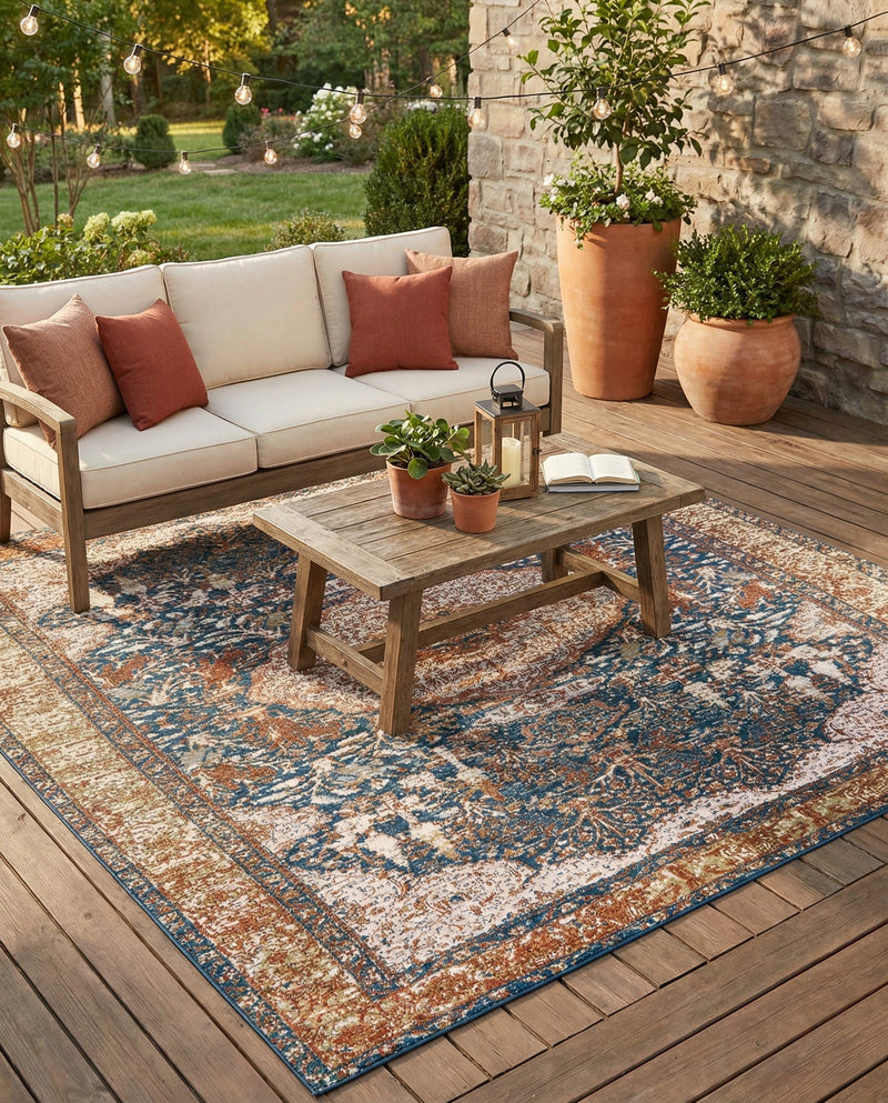 Patio Heritage Collection Area Rug -  Courtyard Rectangle Navy Blue and Light Pink  lifestyle 24