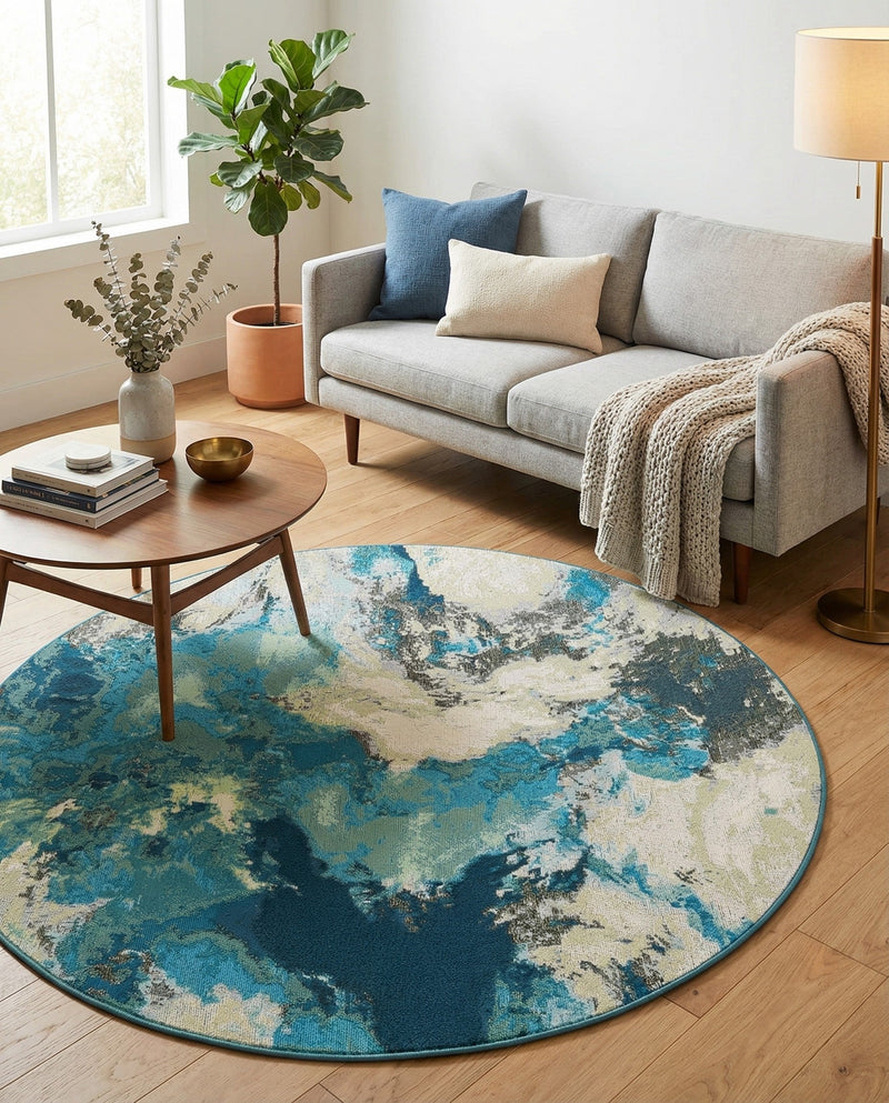 Urban Terrace Collection Area Rug -  Gazebo Round Blue and Ivory  lifestyle 53