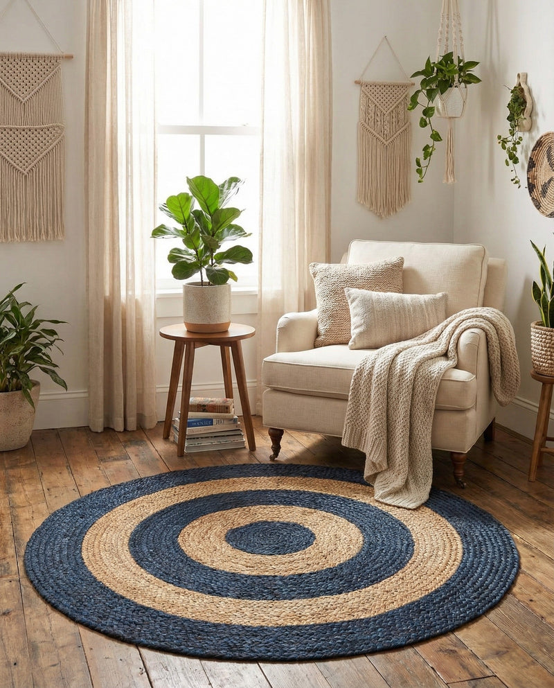 Woven Seaside Jute Collection Area Rug - Nautilus Round Navy Blue Natural  lifestyle 59