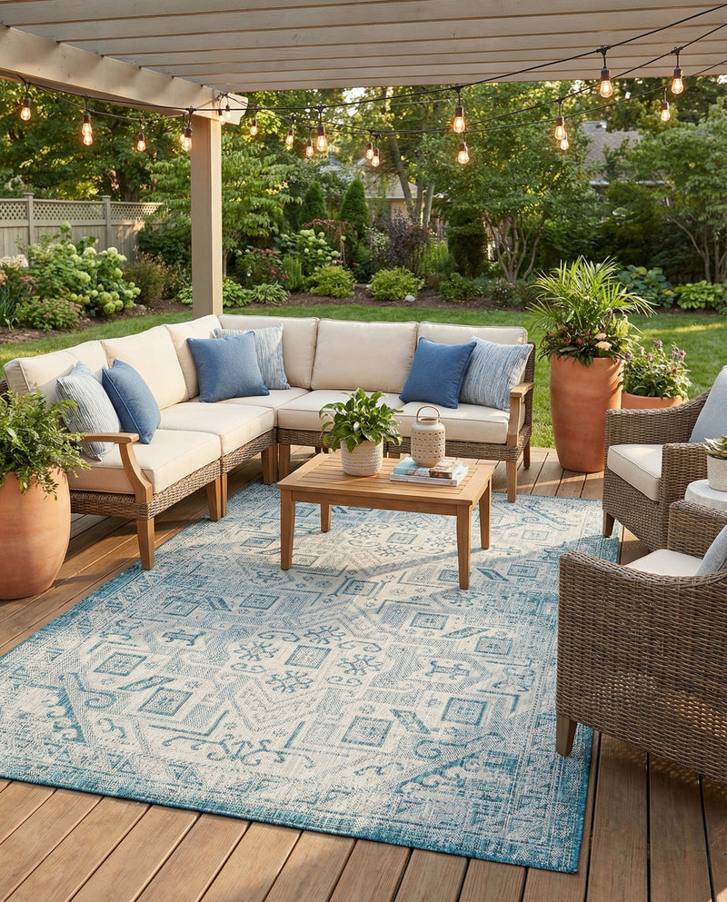 Tribal Terrace Treasures Collection Area Rug - Mayan Marina (Teal) Rectangle Teal  lifestyle 22