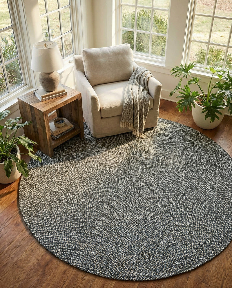 Highland Woven Jute Collection Area Rug - Glenmore (Navy Blue) Round Navy Blue  lifestyle 64