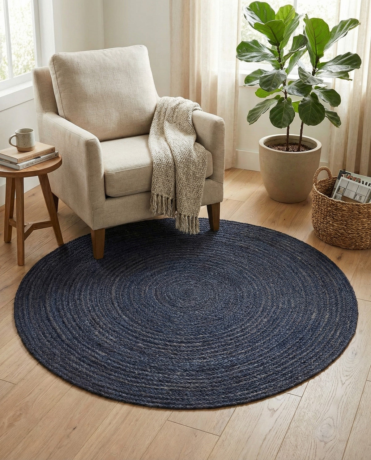 Woven Seaside Jute Collection Area Rug - Savannah (Navy Blue) Round Navy Blue  lifestyle 92