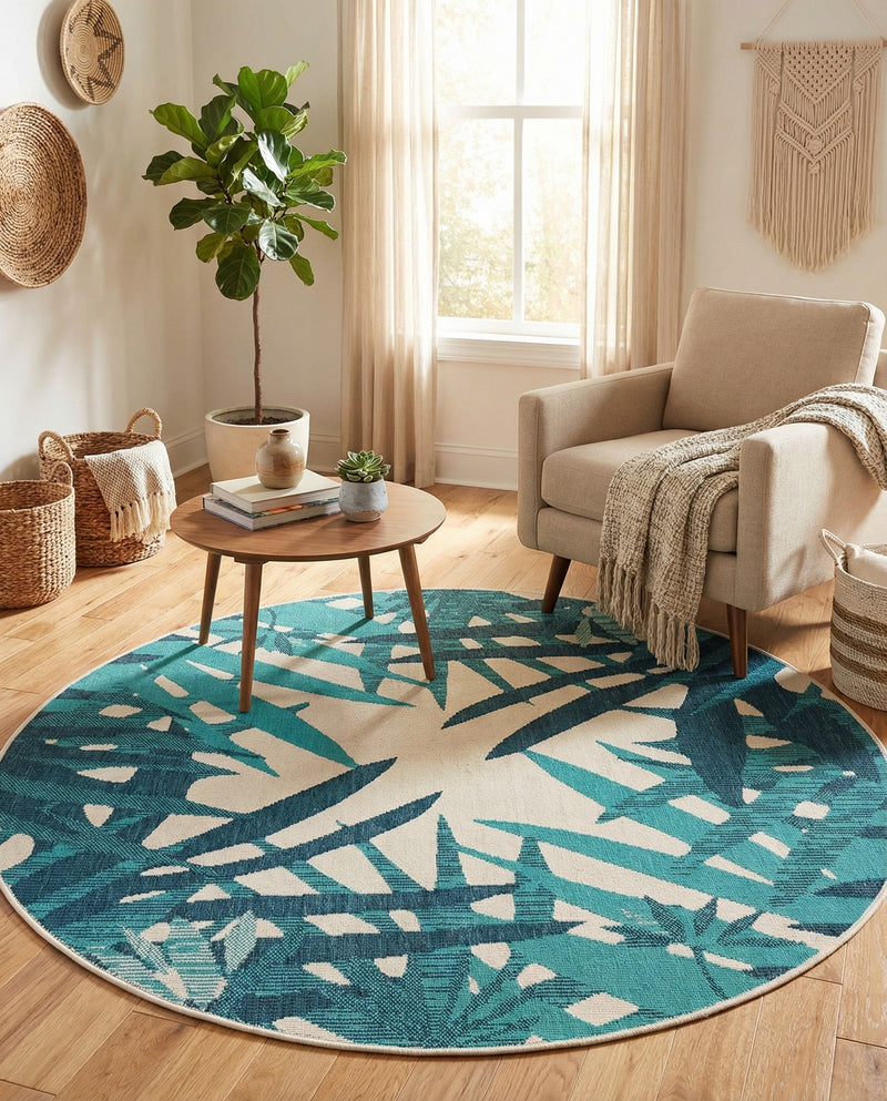 Seaside Blooms Collection Area Rug -  Provence Round Teal blue  lifestyle 72