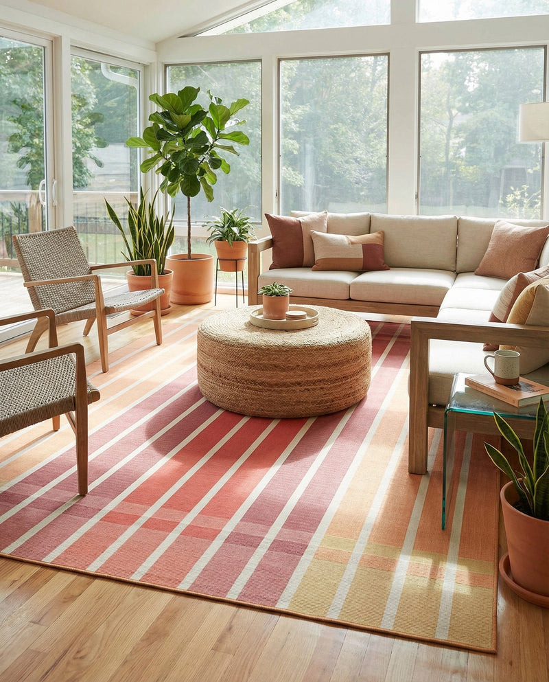 Seaside Stripes Collection Area Rug -  Coral Rectangle Peach and Salmon  lifestyle 24