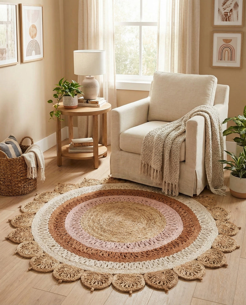 Woven Seaside Jute Collection Area Rug - Coastalhaven (Natural White Orange Pink) Round Natural White Orange Pink  lifestyle 26