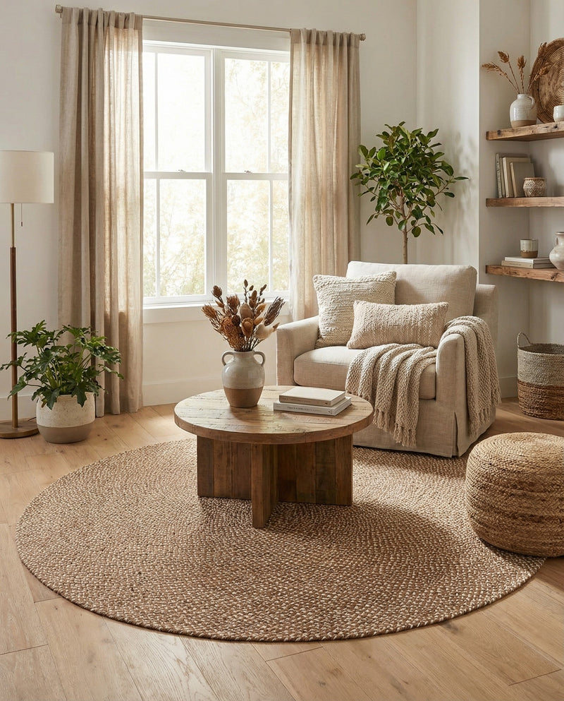 Highland Woven Jute Collection Area Rug - Glenmore (Light Brown) Round Light Brown  lifestyle 36