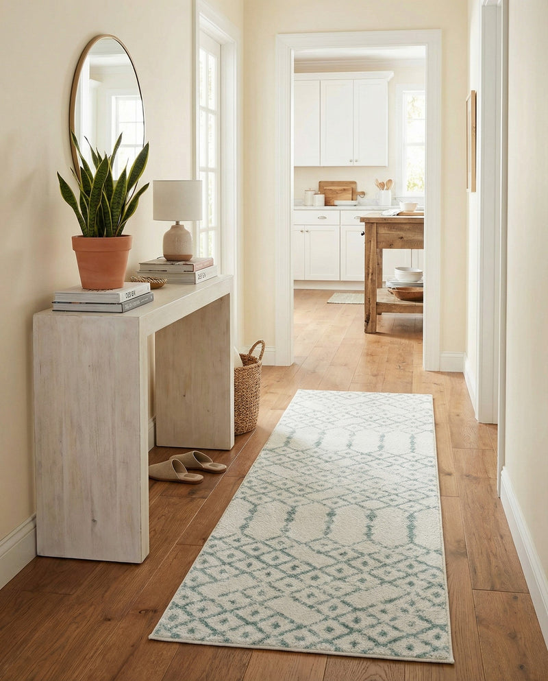 Marrakesh Lattice Collection Area Rug - Casablanca (Ivory Aqua) Runner Ivory Aqua  lifestyle 41