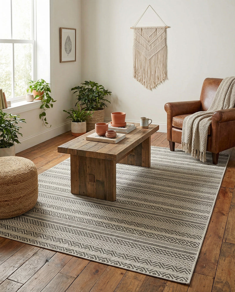 Seaside Stripes Collection Area Rug -  Boardwalk (Beige) Rectangle Beige  lifestyle 7
