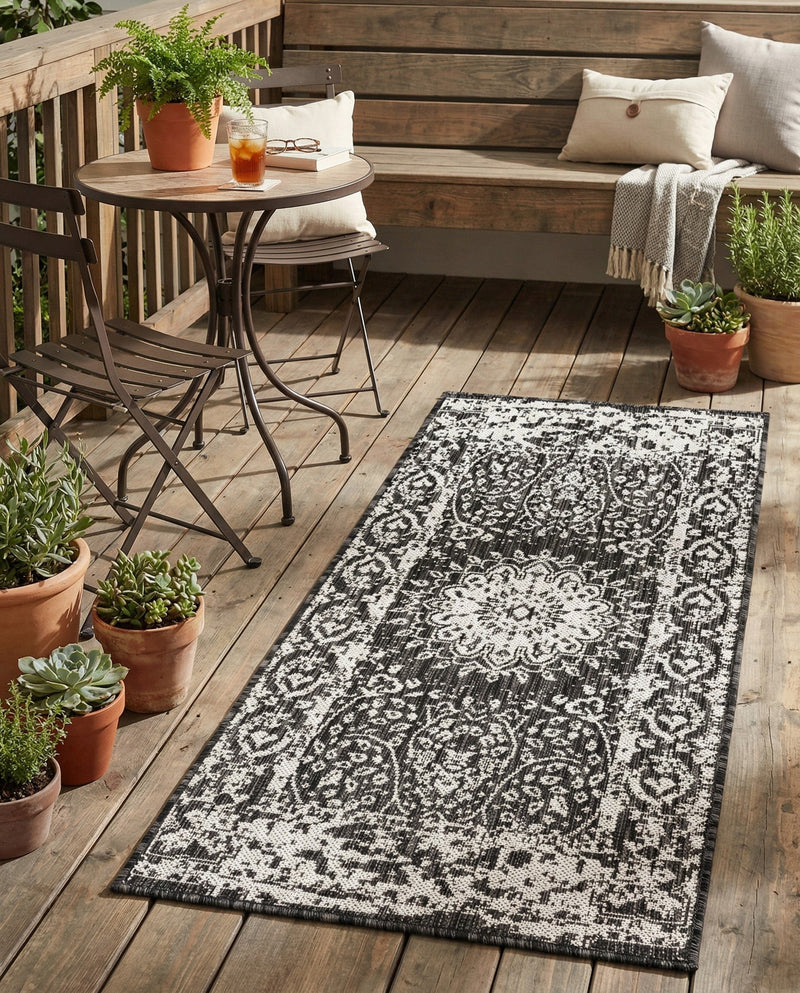 Patio Heritage Collection Area Rug -  Lafayette (Black and White) Runner Black and White  lifestyle 48