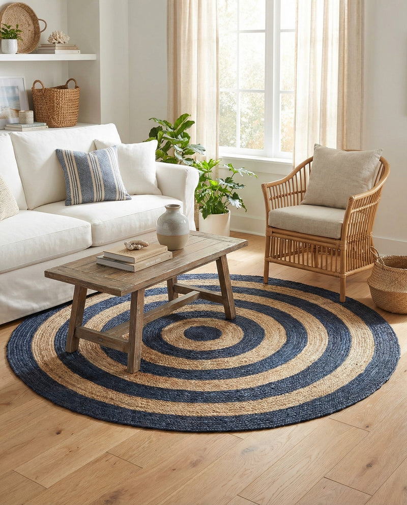 Woven Seaside Jute Collection Area Rug - Nautilus Round Navy Blue Natural  lifestyle 26