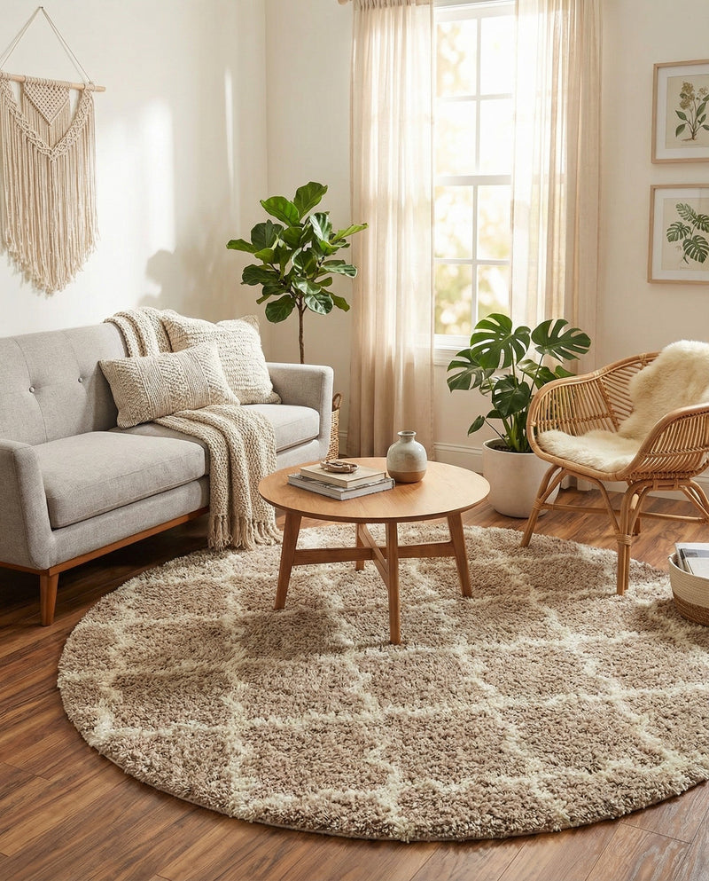 Berber Lattice Shag Collection Area Rug - Atlas (Light Brown) Round Light Brown  lifestyle 27