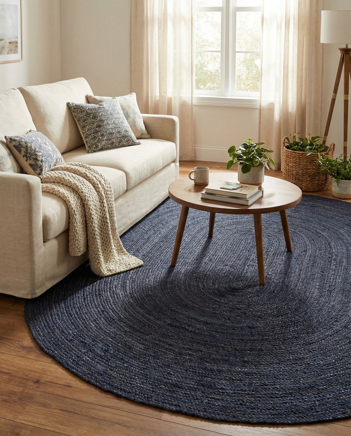 Woven Seaside Jute Collection Area Rug - Savannah (Navy Blue) Oval Navy Blue  lifestyle 90