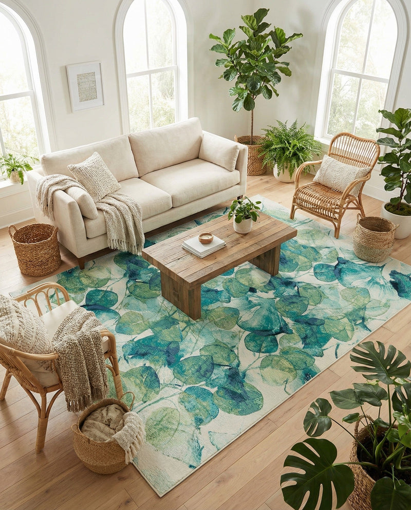Seaside Blooms Collection Area Rug -  Flora Rectangle Blue Green  lifestyle 42