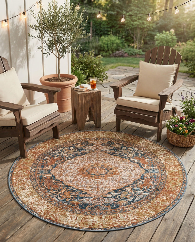 Patio Heritage Collection Area Rug -  Courtyard Round Navy Blue and Light Pink  lifestyle 79