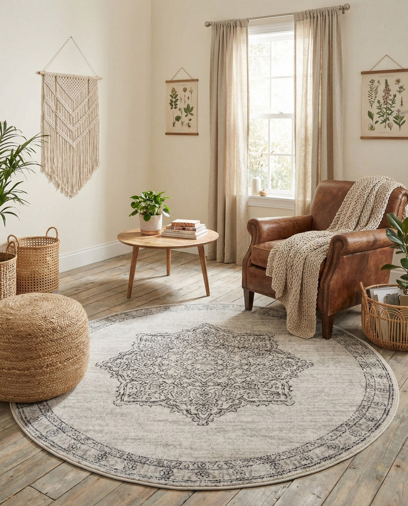 Mykonos Manor Collection Area Rug -  Tinos (Ivory) Round Ivory  lifestyle 74